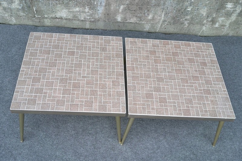 Pair of Mid Century Modern Mosaic Tile Top Tables Gold Anodized Aluminum - 26" gallery