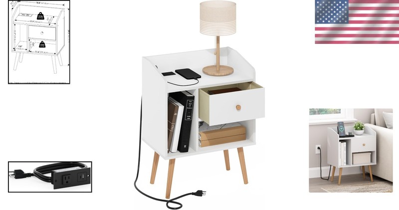 Claude Mid-Century End Table with Charging Station – White, Space-Saving Design gallery