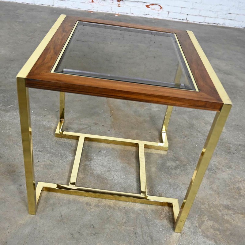 Brass Plated Wood & Glass End Table by Thomasville Furn Style Milo Baughman gallery
