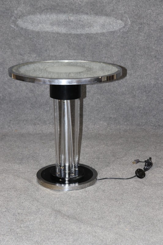 Unique Machine Age or Art Deco Glass and Chrome Lighted Pedestal Table gallery