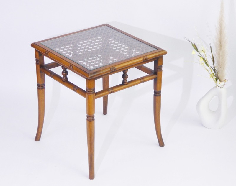 Faux Bamboo Wooden Side Table with Glass Top, English Vintage Coffee Table