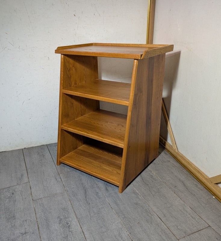 Vintage Mid Century Modern Oak Wood Telephone Table Slanted Nightstand Shelf A gallery
