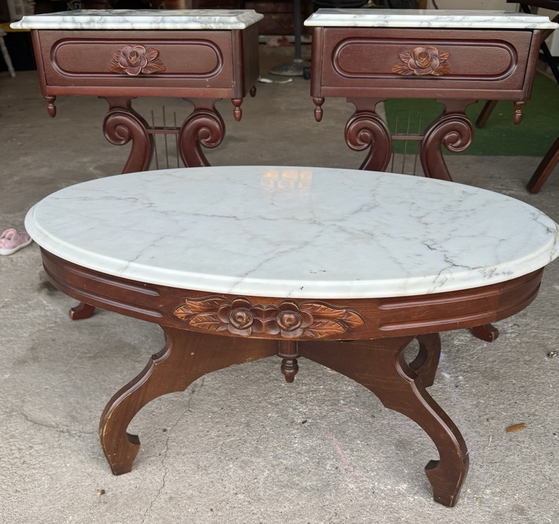 Vintage Victorian Marble Top Tables, Anne Style w/Harp Base Parlor Table Set