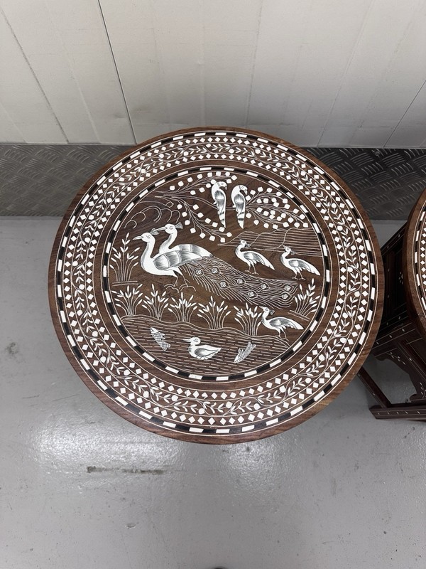 PAIR OF ANGLO INDIAN INLAID PEACOCK JUNGLE DESIGN FOLDING HOSHIARPUR TABLES gallery