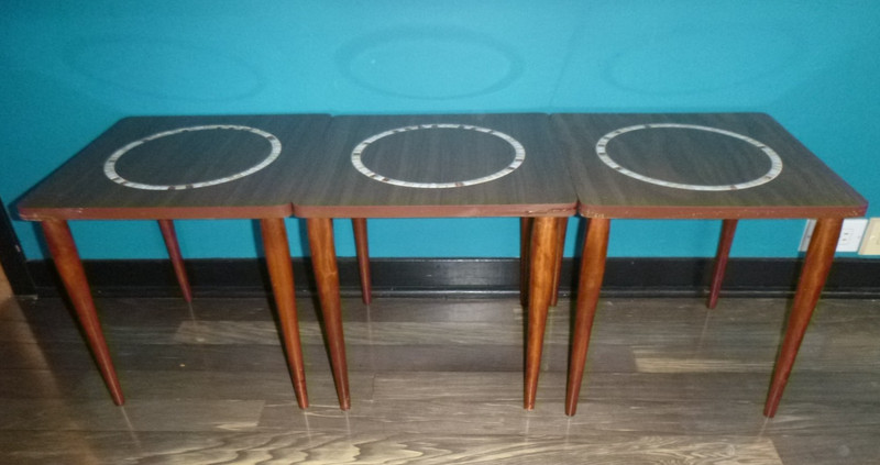 Set of 3 Vtg Mid Century MOD Nesting Stacking Side Tables Laminate TIle Inset gallery