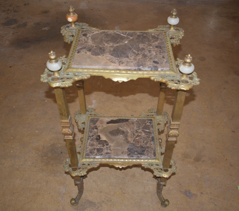 Antique French Louis XVI Style Gilt Brass Marble Top Étagère Side Accent Table