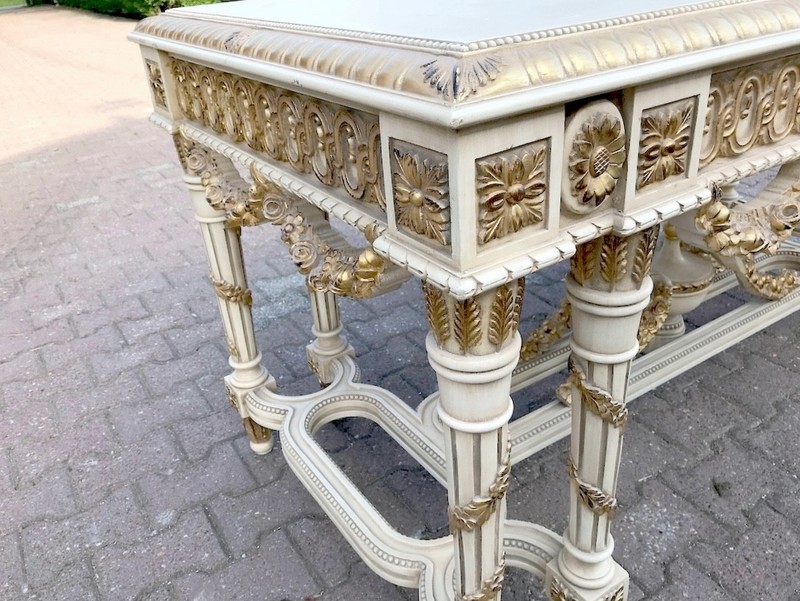 Center Table French Louis XVI Cream Gold Hand Carved Vintage Decor gallery