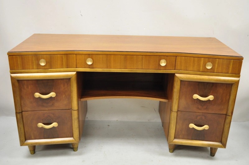 Vintage Mid Century Modern Art Deco Walnut Vanity Table w Mirror by Joerns Bros gallery