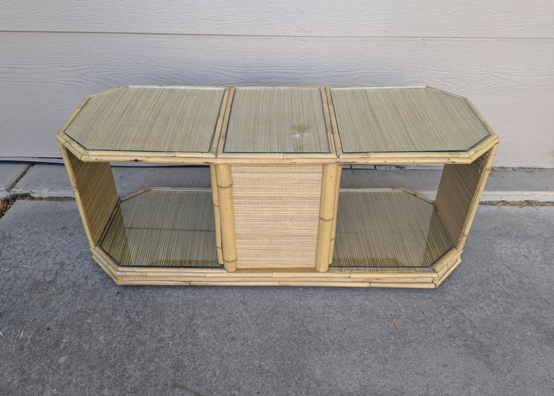 Vintage Asian Boho Chic Bamboo Wicker Rattan Rolling Coffee Table Japanese MCM F
