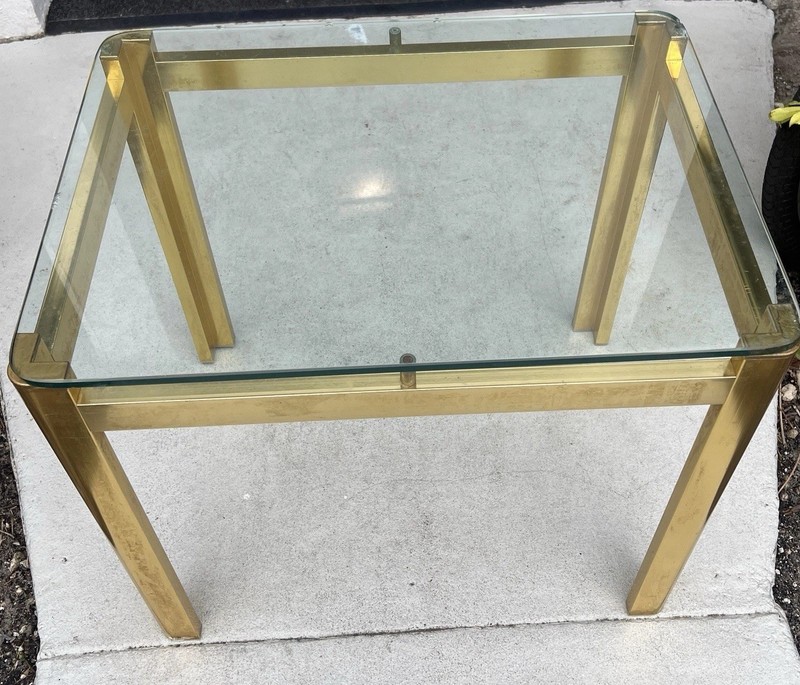 Mid-Century Modern Hollywood Regency Brass and Thick Glass Coffee End Table gallery