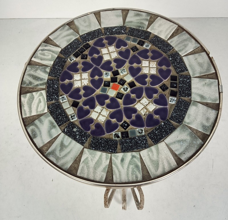 Side Round Table Plant stand Ceramic Tiles Mosaic wrought Iron Legs vintage gallery