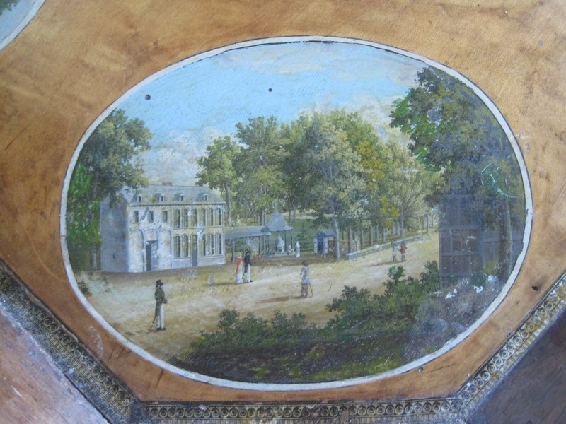 Antique Table Walnut Five Hand Painted Scenes with Glass Top 1840's gallery