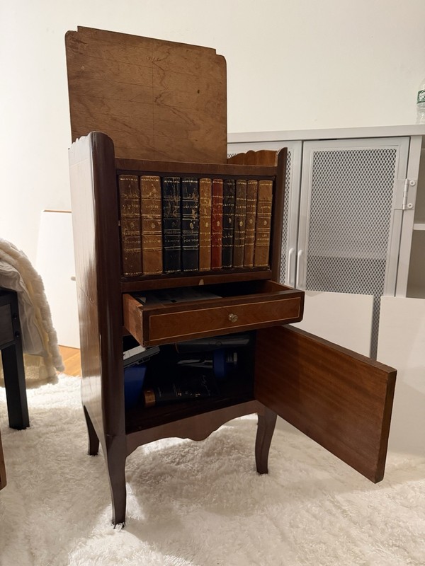 $2500 1950s French Style Inlaid Mahogany Leather Faux Book Side Table gallery