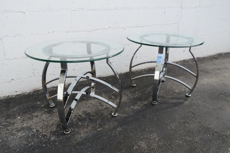 Hollywood Regency Mid Century Pair of Chrome Glass Top Side Tables 2841