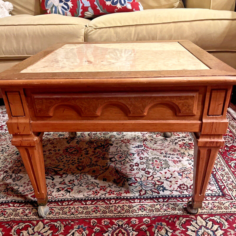 Vintage Travertine Marble Top Accent Side Table With Carved Wood Legs