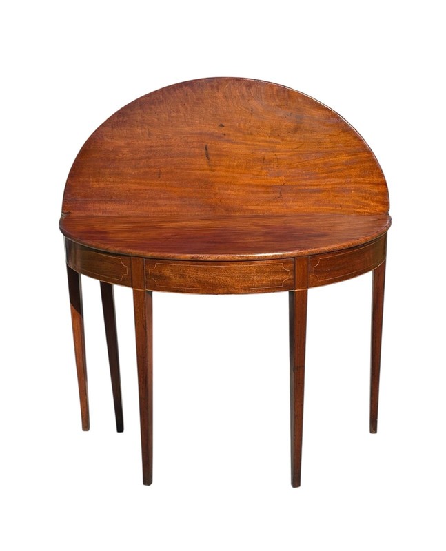 Antique George III Era Mahogany & Satinwood Inlaid Demi-Lune Console Game Table gallery