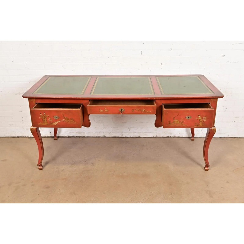 Baker Furniture French Regency Chinoiserie Red Lacquered Hand Painted Desk gallery