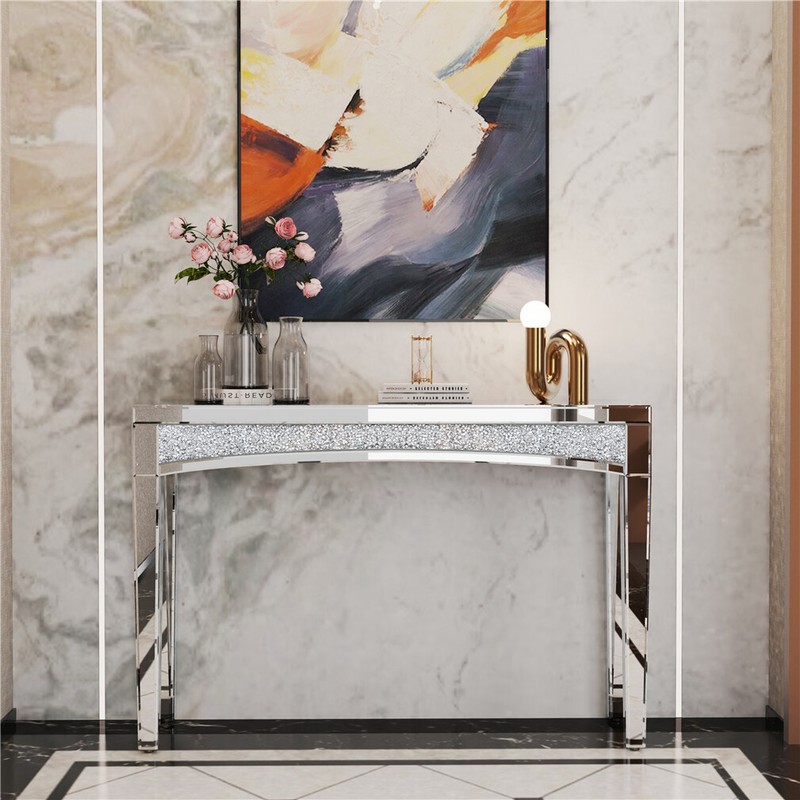 Dazzling Mirrored Console Table Silver Crushed Diamond Vanity Entryway Table Dec gallery