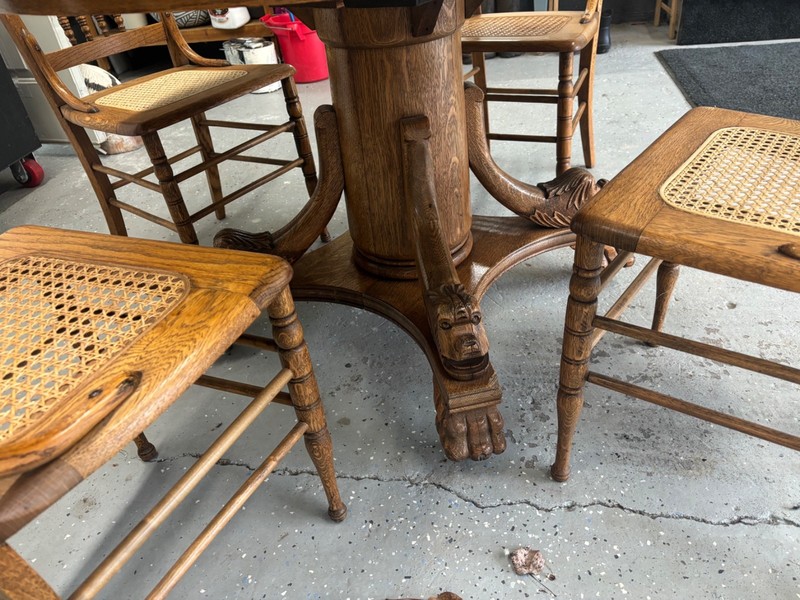 Victorian RJ Horner oak pedestal lion head table and chairs gallery