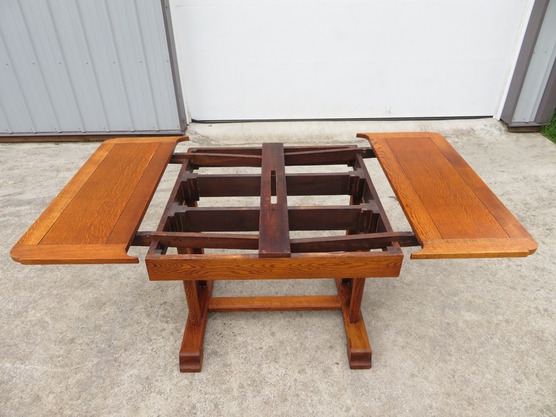Vtg OAK DRAW LEAF DINING TABLE Nautical SHIP BOAT CARVING Mission ARTS & CRAFTS gallery