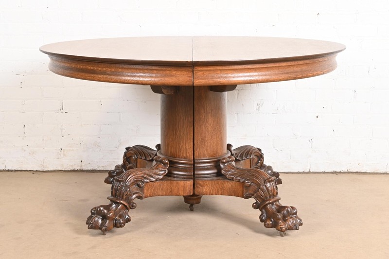 George C. Flint Co. Antique Victorian Oak Split Pedestal Extension Dining Table gallery