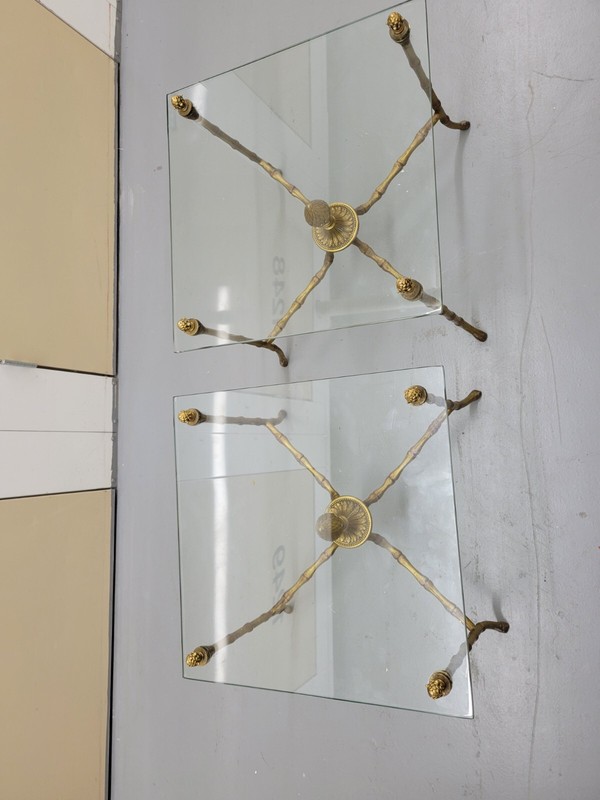 Pair Square Glass , Bronze Bagues Style Faux Bamboo table 1960 gallery