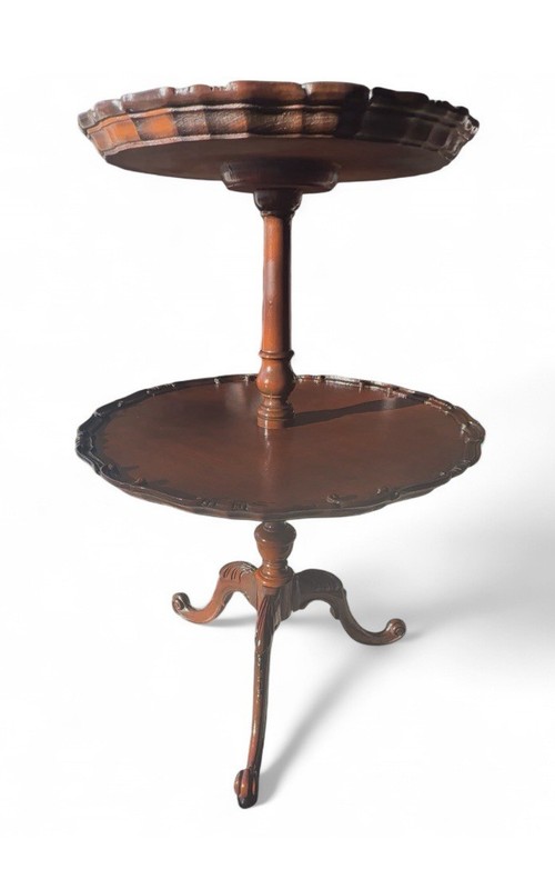 Vintage Chippendale Style Mahogany 2-Tier Pie Crust Side Table Carved Foot gallery