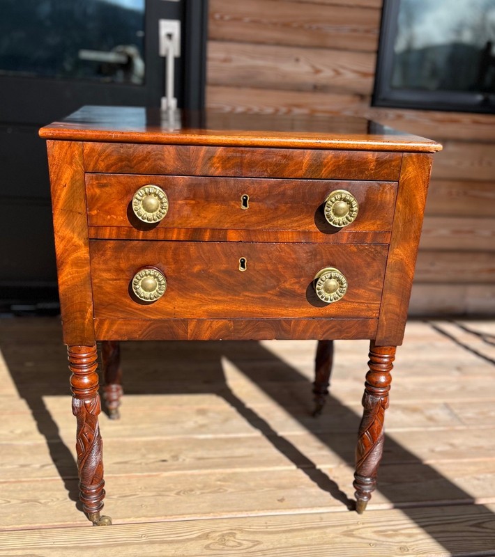 Antique 19th C. American Empire Mahogany Worktable with Carved Pineapple Legs