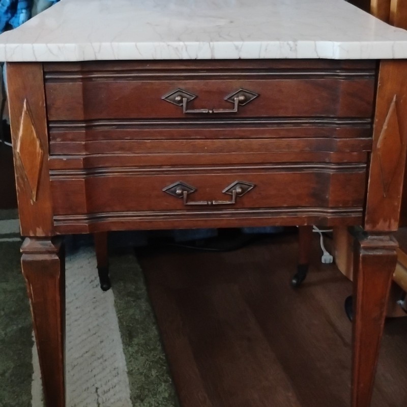 Antique Marble Top Wooden Side Table with 2 Drawers, Rectangular, Brown/White