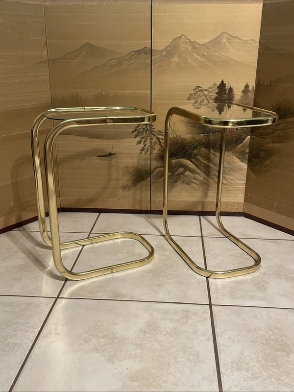 2 Vintage MCM Milo Baughman Style Brass Tone Glass Top Cantilever Side Tables