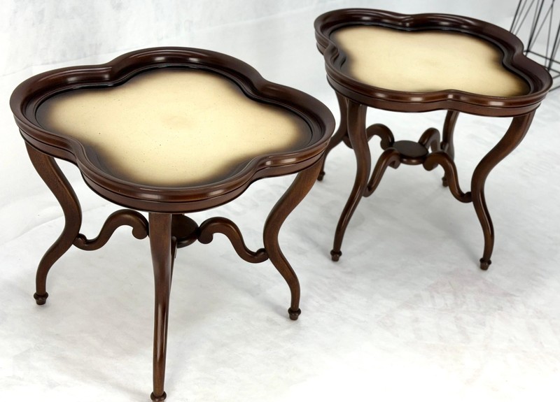 Pair Mahogany Clover Shape Light Cream Leather Top Lamp End Tables Stands MINT! gallery