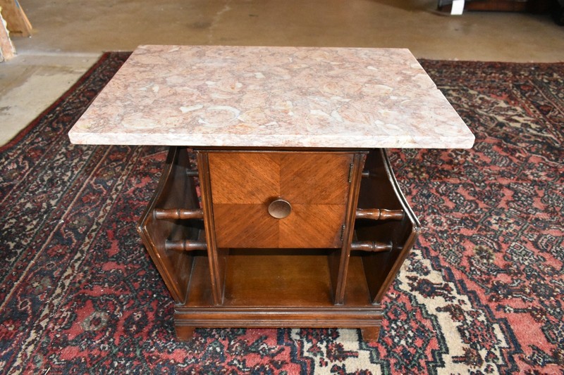 Vintage Art Deco Marble Top End Table Magazine Rack Cabinet