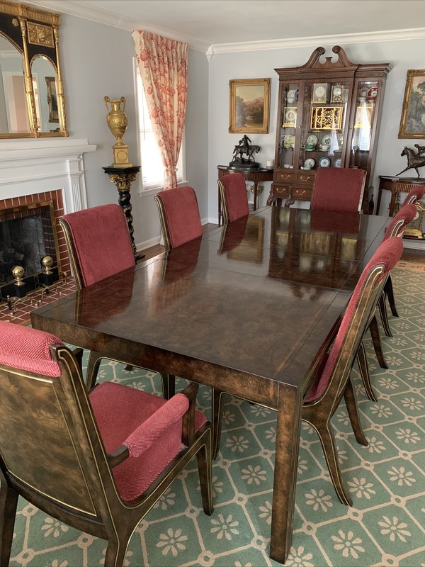 Mastercraft Amboyna Burl & Brass Dining Table & 8 Chairs (EXC.)