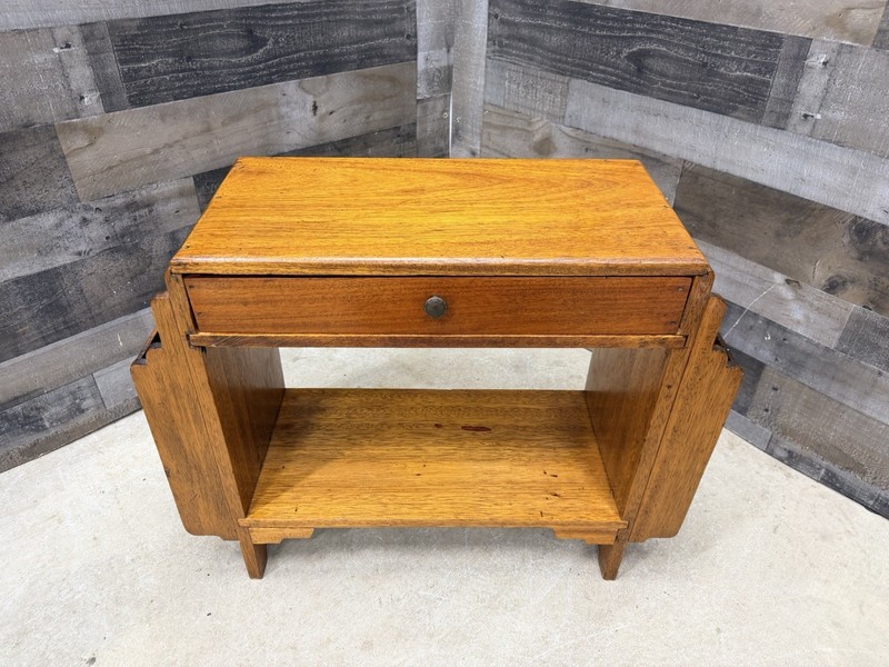 Vintage Art Deco Side Table Magazine Storage Rack Solid Wood Nightstand Drawer gallery