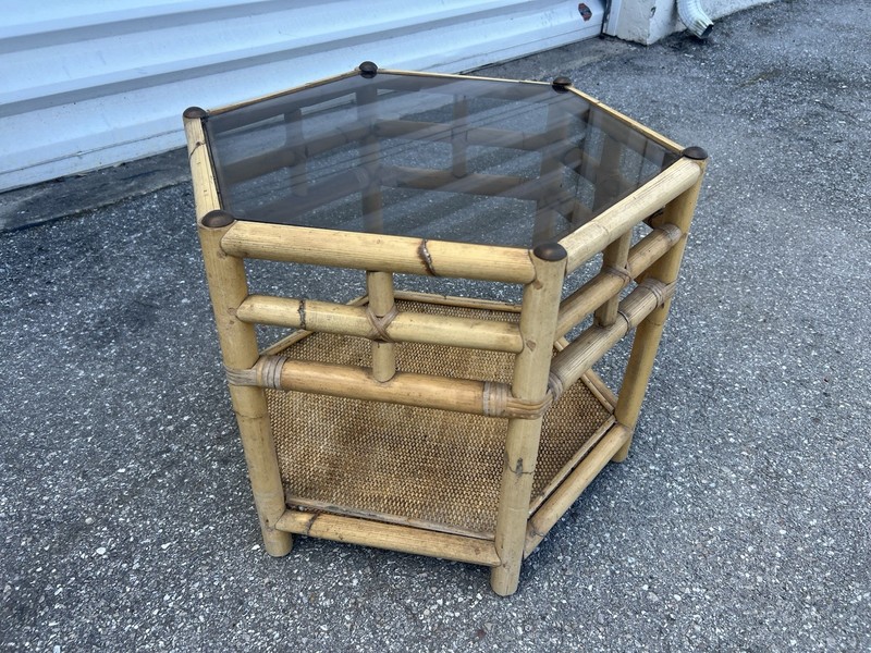 VTG Mid Century Tortoise Shell Rattan Bamboo Hexagon Glass Top Side/End Table gallery