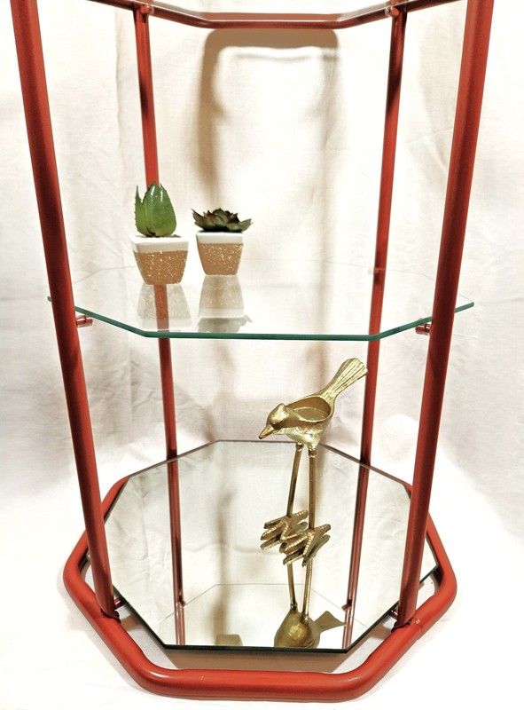 Fully Restored Brick Red Brass Glass Mirror 3 Tier Etagere Shelf Unit C. 1960s gallery