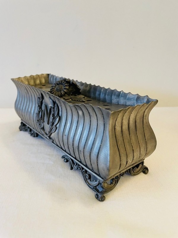 Antique Italian Pewter Pique-Fleurs Crowned N Floral Centerpiece Table Decor 19C