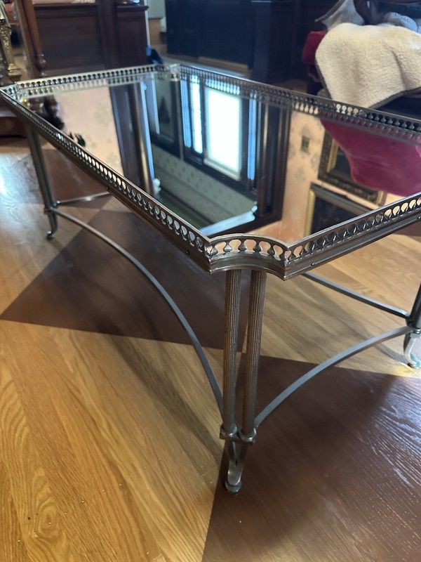 Maison Jansen Low Table Silvered Bronze And Mirrored Glass Top , Signed JANSEN