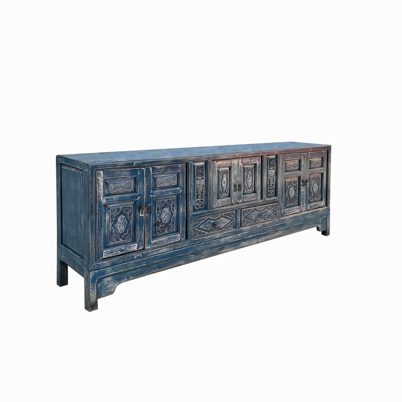 Chinese Distressed Dark Blue Vases Pattern TV Console Table Cabinet cs7738 gallery