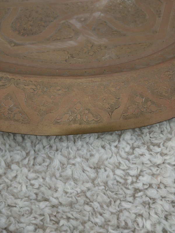 Vntg Old Middle Eastern Inlayed Wood & 20" Engraved Brass Tray Top Folding Table gallery