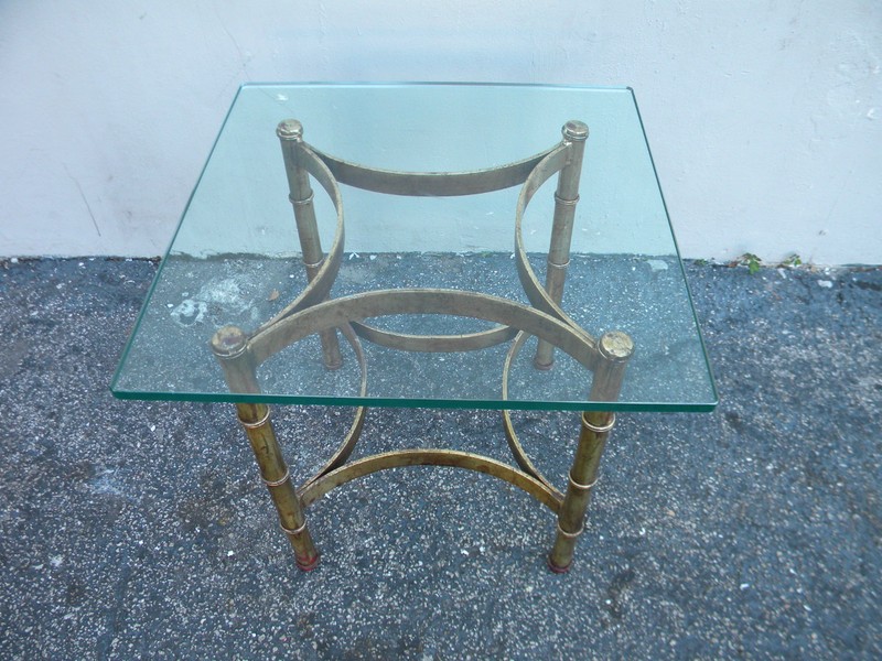 Hollywood Regency Mid Century Glass Top Gold Leaf Side End Table 2811
