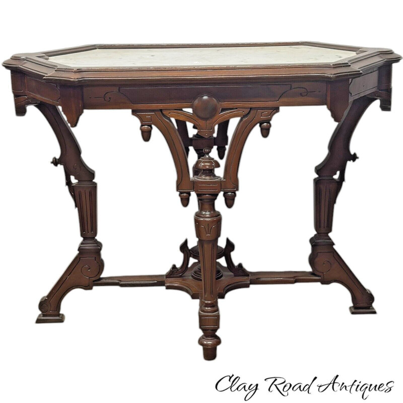 antique Rennaissance revival Victorian walnut parlor center table marble 1870