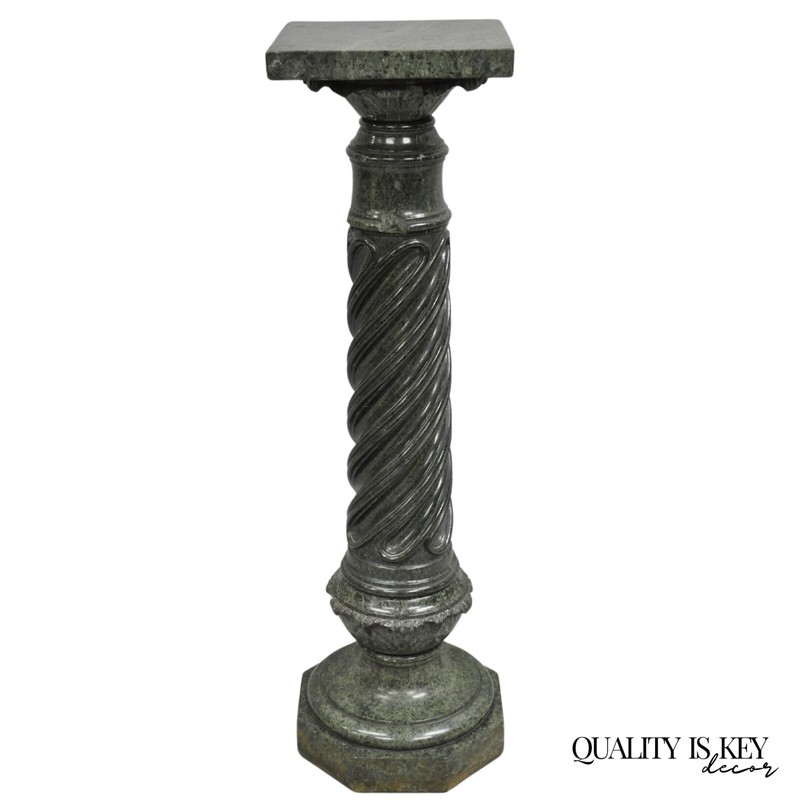 Antique Italian Green Marble Empire Classical Spiral Carved Column Pedestal