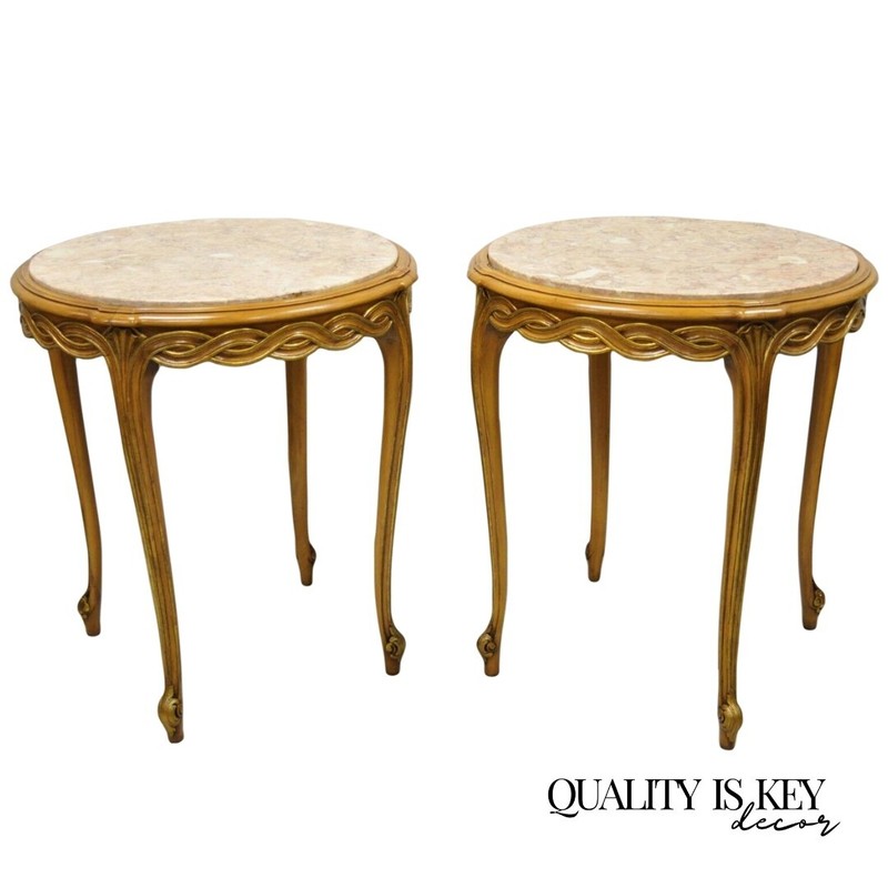 French Provincial Hollywood Regency Round Pink Marble Top Side Tables – a Pair