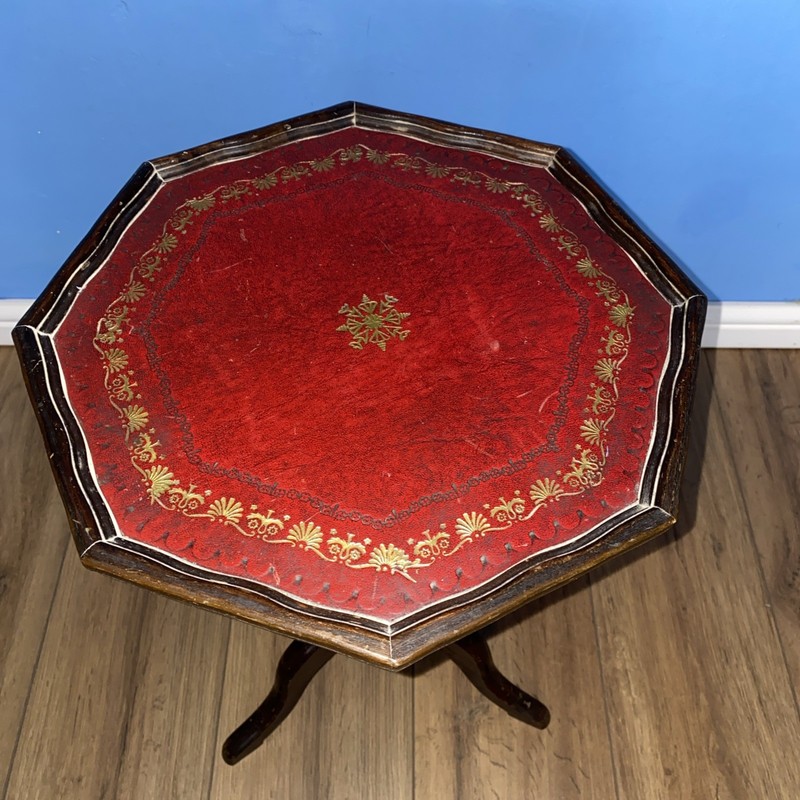 GOLD LEAF EMBOSSED OXBLOOD LOVELY LEATHER TRIPOD SIDE END LAMP WINE TABLES. 54cm gallery