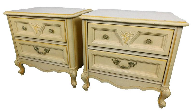 PAIR Nightstand End Side Tables 2 DRW Petite Fleur Dawn White Scroll Legs VTG