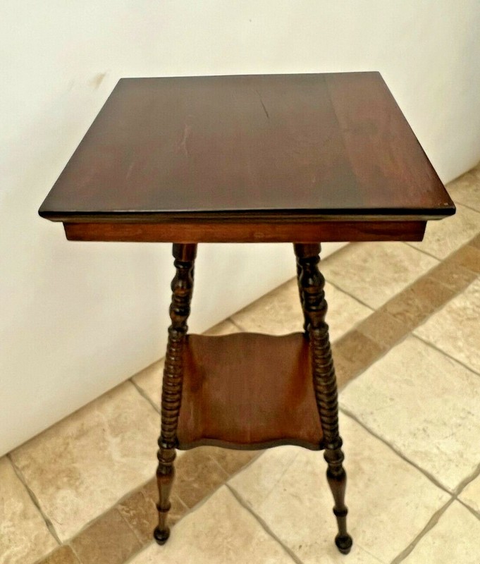 Antique Victorian Square Table with bottom shelf two tier Solid Mahogany gallery