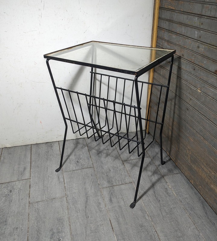 Vintage Mid Century Modern Black Wrought Iron Glass Table with Magazine Rack