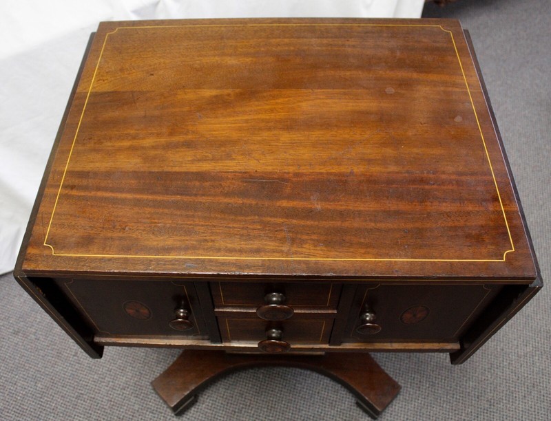 Antique Mahogany SEWING WORK SIDE TABLE.Drop-Leaf Sides. Inlaid Doors + Pulls. gallery