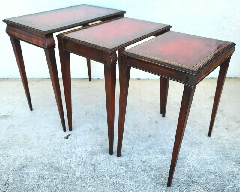 Mid Century Tooled Red Leather Mahogany Nesting Tables gallery